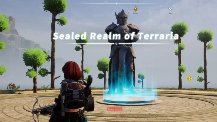 The entrance to the Sealed Realm of Terraria — a statue in Hallowed Armor and a blue portal.