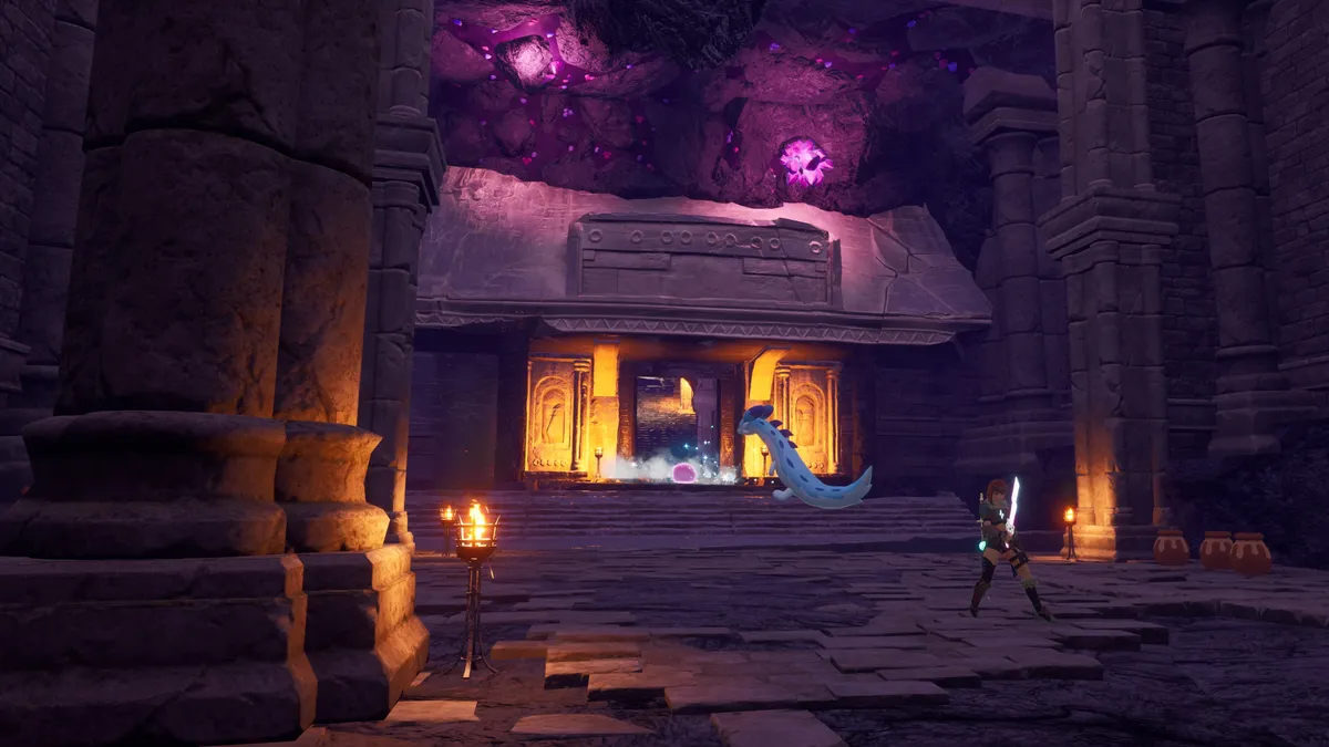 The dungeon's temple halls — where you break walls looking for schematic chests.